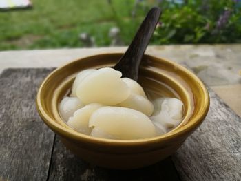 Close-up of eggs in bowl on table