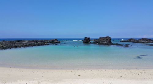 Scenic view of sea against clear blue sky