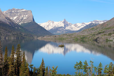Scenic view of lake and mountains against clear sky