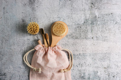 Directly above shot of cupcakes in basket on wall