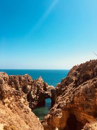 Scenic view of sea against clear blue sky