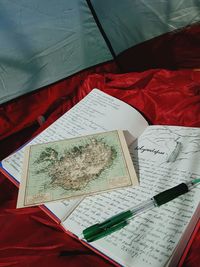 High angle view of text on book at table