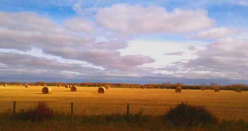 Hay bales in field against cloudy sky