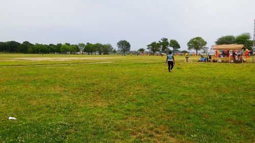 People walking on grassy field