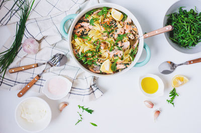 High angle view of vegetables in bowl on table