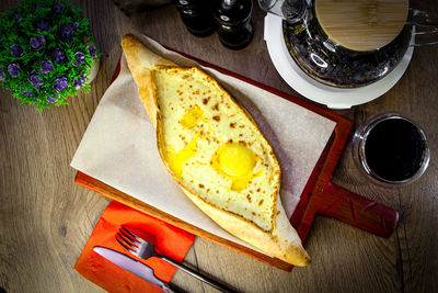 High angle view of breakfast on table