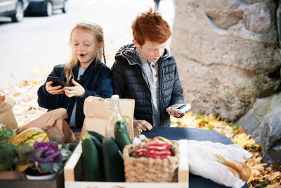 Smiling male and female sibling holding credit card reader at market stall