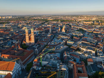 The panorama aerial view of munchen city centre with marienplatz and frauenkirche.
