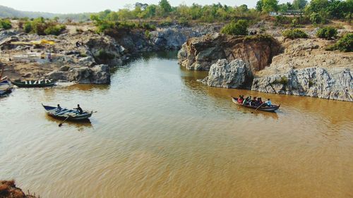 High angle view of boat on river against sky