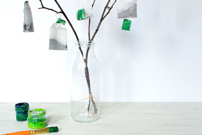 Close-up of bottle with teabags hanging on plant stems against white background