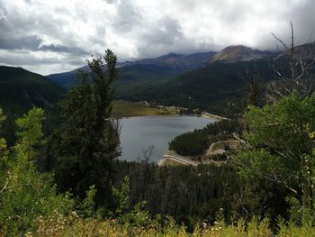 Scenic view of lake against cloudy sky