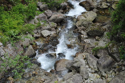 High angle view of waterfall in forest