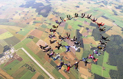 High angle view of people in meadow