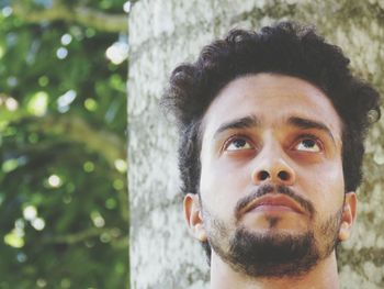 Close-up of man looking up against tree