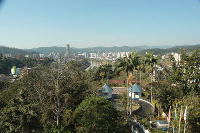 High angle view of cityscape against clear sky