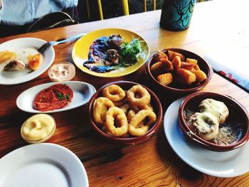 High angle view of food served on table