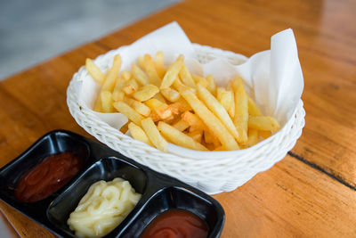 High angle view of food served on table