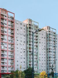 Low angle view of buildings against clear sky