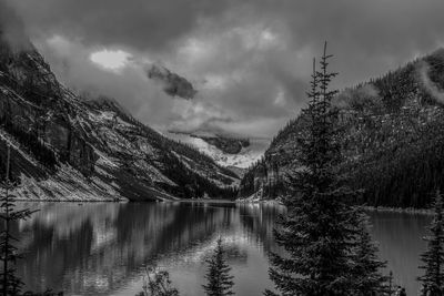 Scenic view of lake and mountains against sky