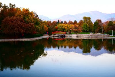 Scenic view of lake by trees against sky