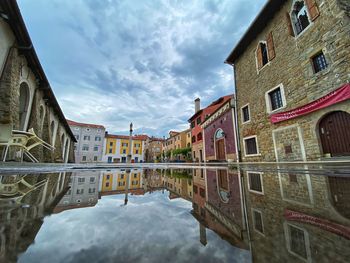 Reflection of buildings in canal against sky