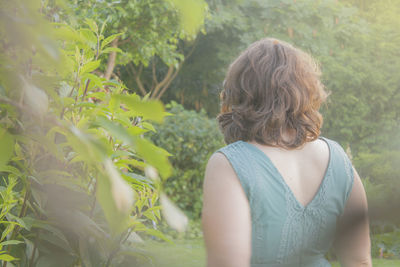 Rear view of woman standing by plants in park