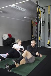 High angle view of man exercising in gym