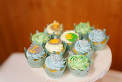 Close-up of cupcakes on table