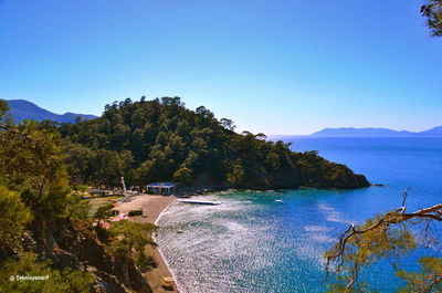 Scenic view of bay against clear blue sky