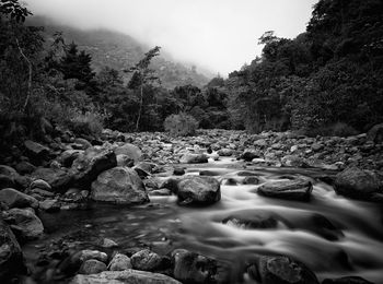 Stream flowing through rocks in forest against sky