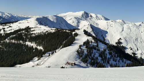 Scenic view of snowcapped mountains against sky