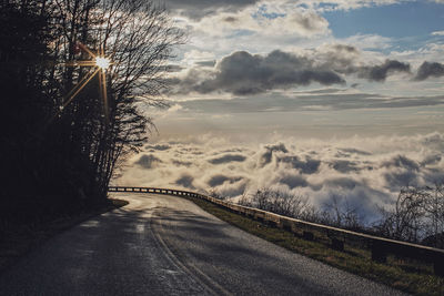 Empty road amidst trees against sky