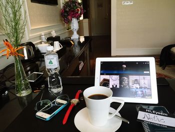 High angle view of coffee cup on table