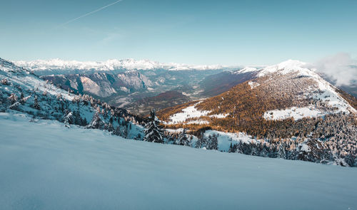 Scenic view of snowcapped mountains against sky