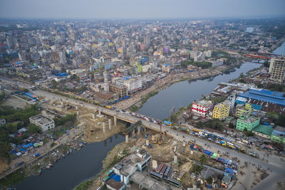 High angle view of buildings against sky in city