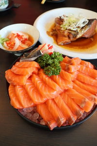 Close-up of fish served in plate on table