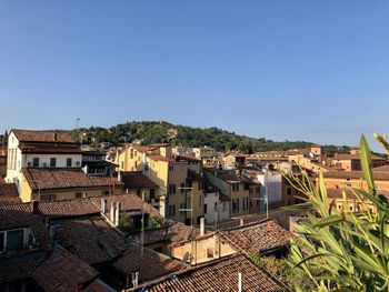 High angle view of townscape against clear blue sky
