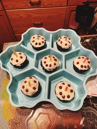 High angle view of cupcakes on table