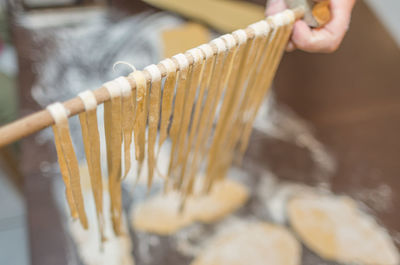 Close-up of raw spaghetti noodles