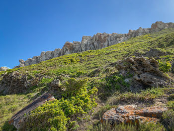 Low angle view of rocks against clear blue sky