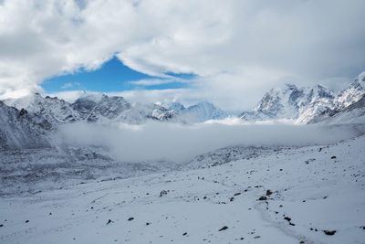 Scenic view of snow covered mountains against sky