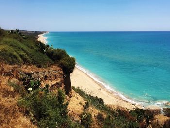 Scenic view of sea against clear blue sky