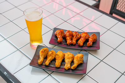 High angle view of food served on table