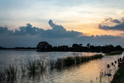 Scenic view of lake against sky during sunset