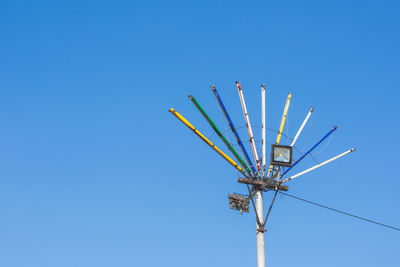 Low angle view of basketball hoop against clear blue sky