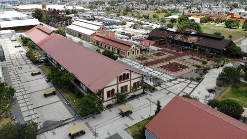 High angle view of buildings in town