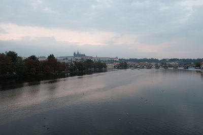 Scenic view of river against sky at sunset