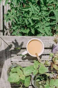 Directly above shot of coffee cup on floorboard