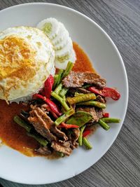 High angle view of breakfast served in plate