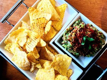 High angle view of meal served on table